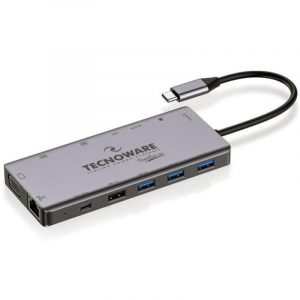 Tecnoware fhub17692 docking station hub usb-c 13 in 1 adapter:2hdmi+jack3,5+vga+lan+usb2.0+3 usb3.0+2 usb-c+cr sd/micro pd 100w