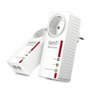 Avm fritz! powerline 1220e set di 2 adattatori con presa passante fino a 1200 mbps 2 porte lan gigabit plug and play eco mode