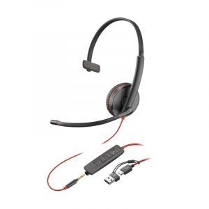 Hp poly cuffie blackwire 3215 monoaurali usb-c con spinotto da 3.5mm e adattatore usb-c-a