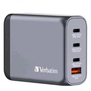 Verbatim gnc-100 gan charger caricabatterie da rete 100 w 4 uscite 1 x usb-a 3 x usb-c grigio