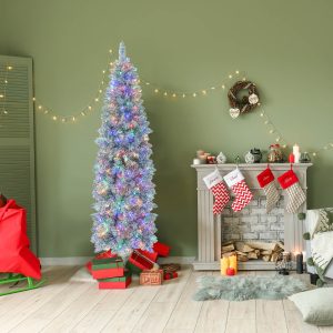 Costway Albero di Natale artificiale con luci LED colorate base in metallo pieghevole, Albero di Natale slim da 180cm