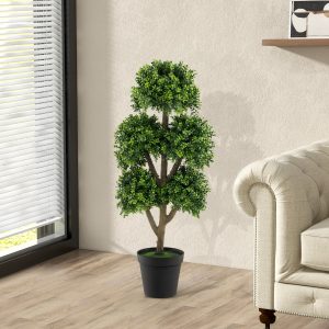 Costway Albero topiario di bosso artificiale da 115cm, Albero topiario finto con 5 sfere in vaso riempito di cemento Verde