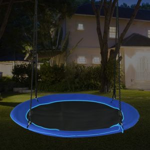 Costway Altalena a nido 100cm per bambini, Altalena rotonda con luci LED 2 funi regolabili portata 300kg da esterno Blu