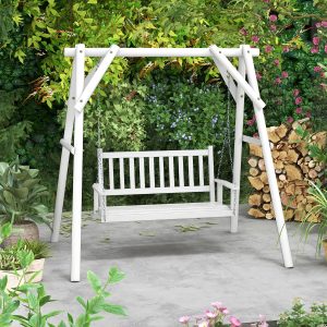 Costway Altalena in legno per 2 persone con portata 272kg catene regolabili di 170cm, Sedia a dondolo 136x67x63cm Bianco