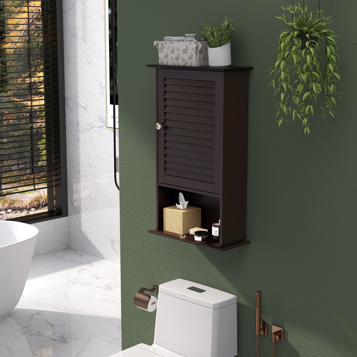 Costway Armadietto da parete in legno da bagno con ripiani, Mobile da bagno sospeso 42x17x70cm Marrone