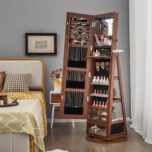 Costway Armadietto portagioie girevole a 360° con specchio lungo, Specchio portagioie con  luci LED e specchietto Noce