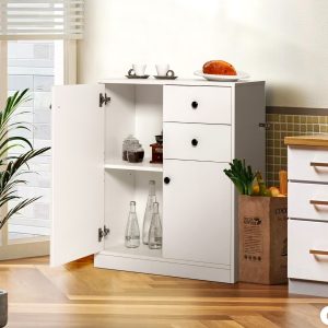 Costway Mobiletto moderno con ripiani regolabili 2 porte 4 cassetti, Organizzatore multifunzionale per soggiorno Bianco