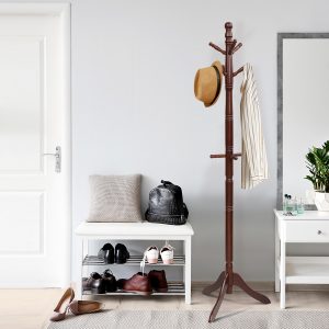 Costway Attaccapanni ad albero in legno di gomma con 9 ganci, Appendiabiti da ingresso  altezza regolabile50x50x175cm Marrone