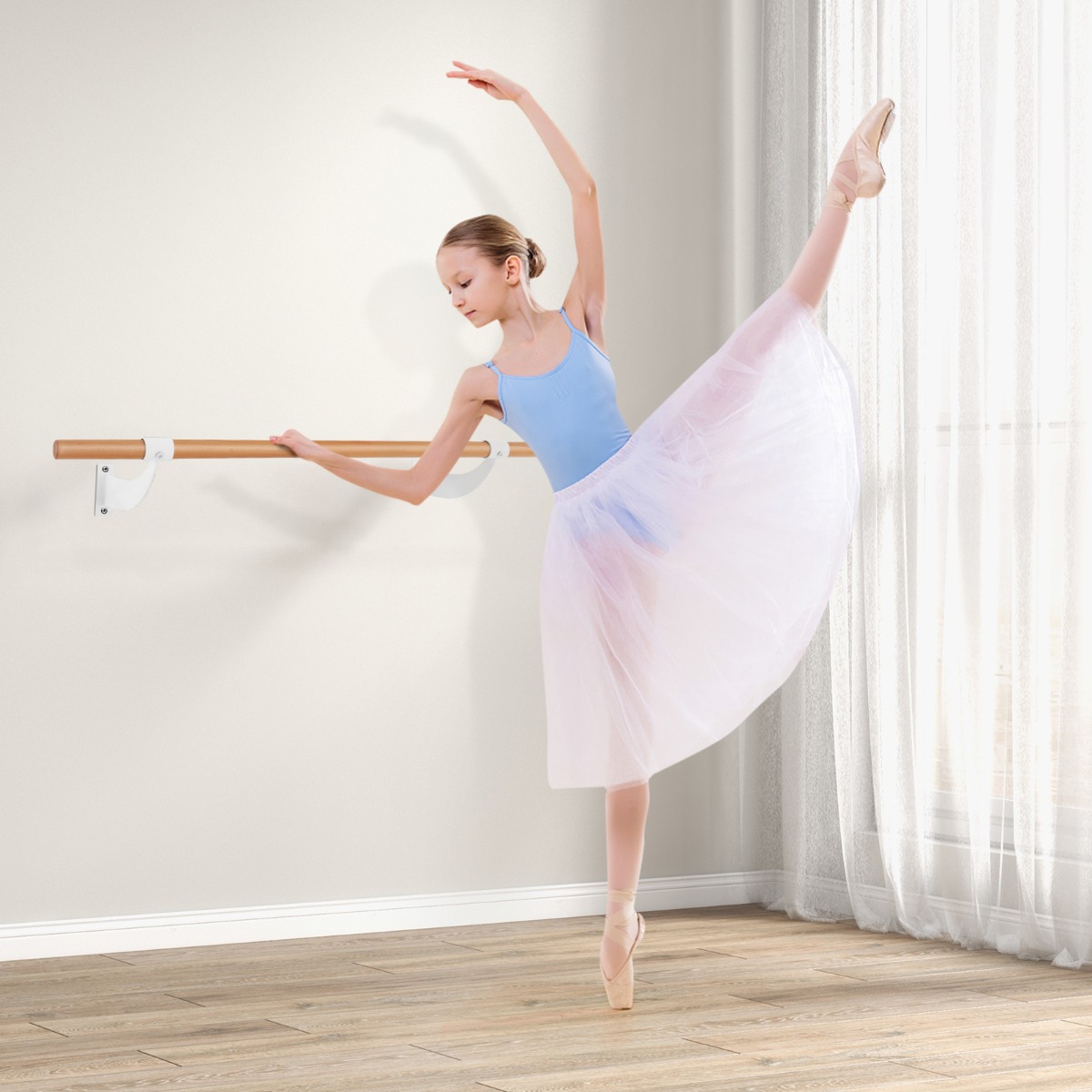 Costway Barra per balletto singola a parete da 120 cm, Attrezzatura per balletto yoga stretching per casa palestra Bianco