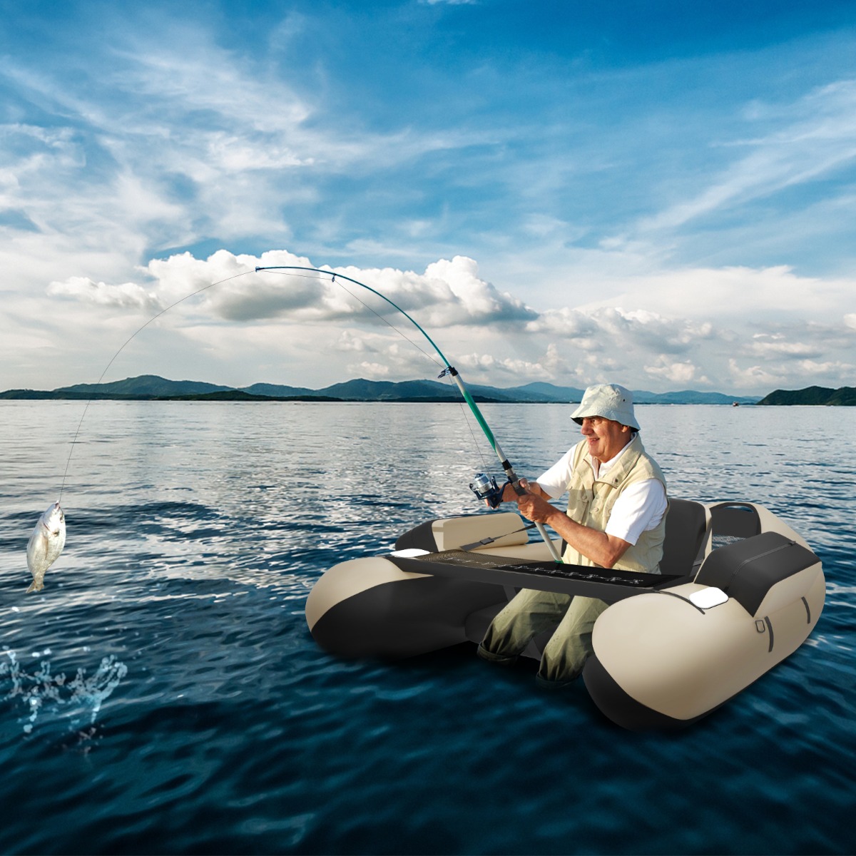 Costway Belly boat con statori per amo pesca pinne pagaia in alluminio pompa spallacci, Gommone gonfiabile da pesca Beige