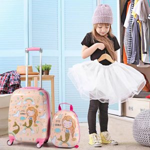 Costway Set 2 pezzi Bagagli per bambini da viaggio con ruote girevole girevole 18" Trolley bimbo + 12" zaino con disegni di Serena