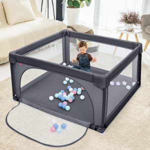 Costway Box resistente sicuro per bambini, Centro attività con cancelli di sicurezza ventose pareti a rete Grigio scuro