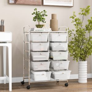 Costway Carrello a 10 cassetti multiuso con ruote, Organizzatore per carta da scrapbooking e utensili da ufficio Trasparente