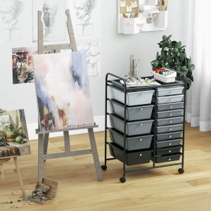 Costway Carrello con 15 cassetti estraibili e ruote con freno, Carrello multiuso per casa ufficio scuola Grigio