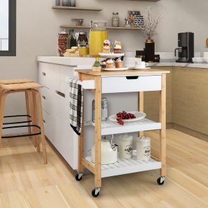 Costway Carrello cucina con ruote cassetto piano in bambù, Isola portaoggetti da bar cucina sala da pranzo Naturale