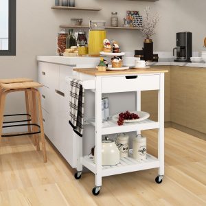 Costway Carrello cucina con ruote cassetto piano in bambù, Isola portaoggetti da bar cucina sala da pranzo Bianco