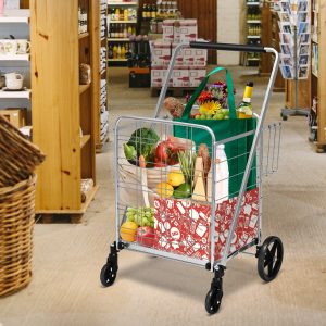Costway Carrello spesa pieghevole con doppio cestello ruote girevoli a 360°, Carrello per mercato spesa lavanderia Argento