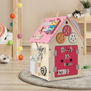 Costway Casa giocattolo in legno degli ingranaggi, Montessori con giochi sensoriali e spazio interno per bambini Rosa