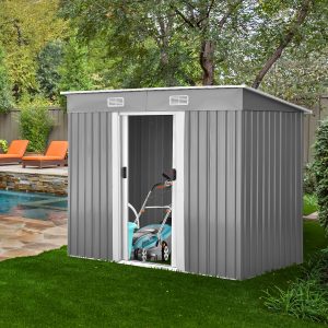 Costway Casetta da giardino in metallo con ante scorrevoli e maniglie, Casetta per attrezzi 238x131x181cm Grigio