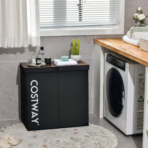 Costway Cesto portabiancheria da 115L con coperchio 2 scomparti, Portabiancheria sporca in tessuto per lavanderia Nero