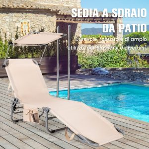 Costway Chaise lounge con tettuccio ombreggiante ruotabile a 360° tasca portaoggetti, Sedia a sdraio da esterno Beige