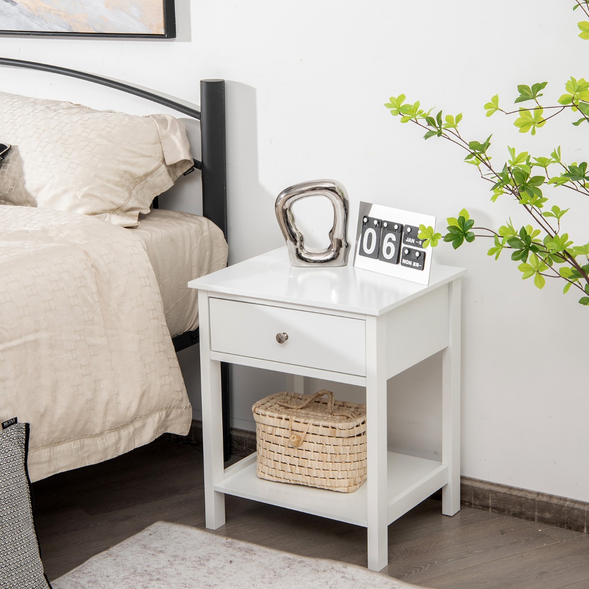 Costway Comodino moderno con cassetto e mensola, Tavolino con 2 livelli per salone camera da letto corridoio Bianco