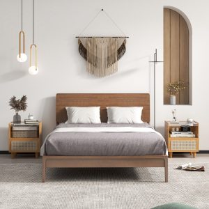 Costway Comodino in bambù e rattan con cassetto e gambe in legno massello, Tavolino da salotto boho 43x35x50cm Naturale 2 Pezzi