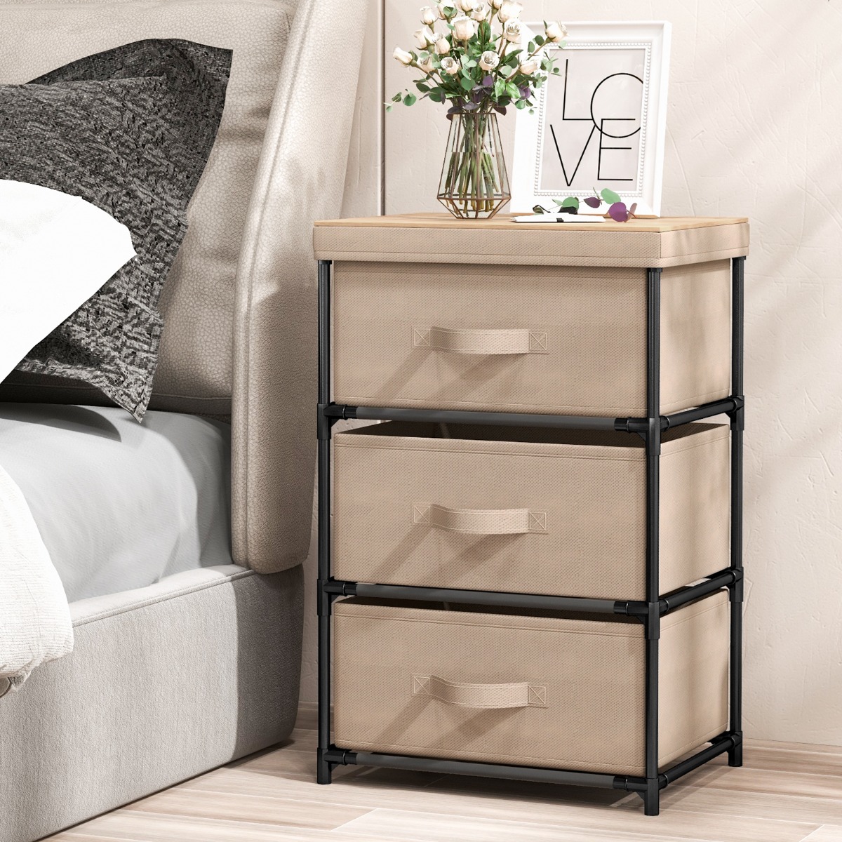 Costway Comodino in tessuto con 3 cassetti e struttura robusta in metallo, Cassettiera a 3 livelli salvaspazio Marrone