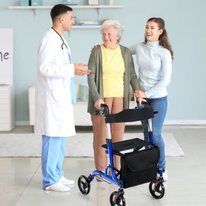 Costway Deambulatore con seduta 2 in 1, Rollator pieghevole con 4 ruote 20cm maniglie regolabili borsa portaoggetti Blu
