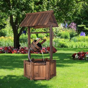 Costway Fontana d’acqua del pozzo dei desideri con pompa elettrica, Fontana decorativa di legno rustica per giardino