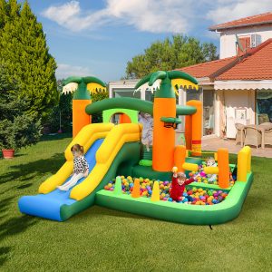 Costway Gioco gonfiabile tropicale a tema palme con 2 vasche di palline compressore, Castello gonfiabile per bambini