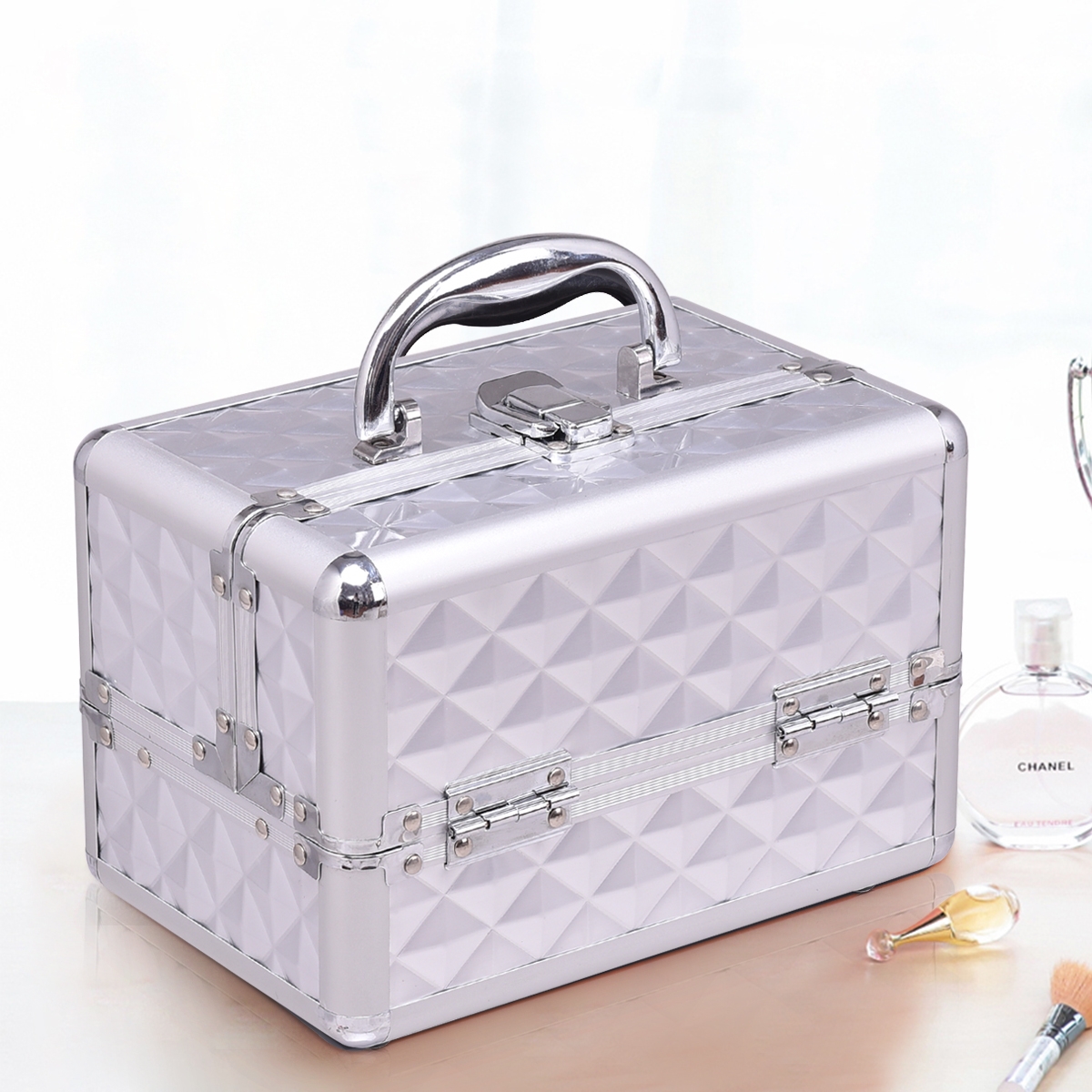 Costway Caso cosmetico professionale con specchio Cosmetici caso del treno multiuso 23x15x18cm Argento