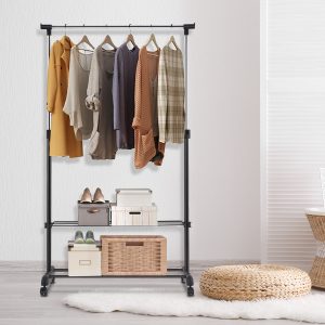 Costway Appendiabiti a doppia asta da terra multiuso altezza regolabile 92-168cm Attaccapanni estensibile con ruote Nero