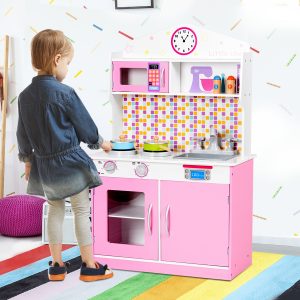 Costway Cucina giocattolo per bambini in legno, Cucina finta per bimbi  60x30x94cm, Rosa