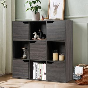 Costway Armadietto con 9 cubi e ante di legno con scomparti, Espositore per casa ufficio libri giocattoli e decorazioni, Grigio