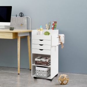 Costway Carrello con ruote per attività manuali, Carrello di legno con 3 cassetti 3 mensole 3 fessure e 2 perni, Bianco