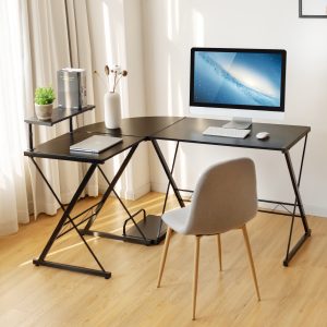 Costway Scrivania angolare a forma di L, Scrivania 147 x 112 cm per computer con alzata per monitor Nero