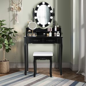 Costway Set tavolo toeletta con 10 luci LED e specchio ovale, Tavolo da trucco con 4 cassetti e sgabello imbottito Nero