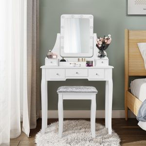 Costway Set toeletta con specchio rettangolare e sgabello, Tavolo per truccarsi con 10 lampadine LED, Bianco