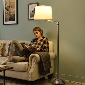 Costway Lampada a stelo con braccio girevole e paralume in tessuto, Lampada da terra moderna per salone camera da letto