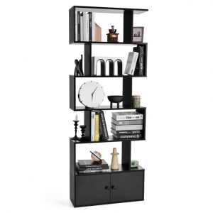 Costway Libreria a forma di S a 5 livelli con ante, Scaffali decorativi in legno per il soggiorno l’ufficio Nero
