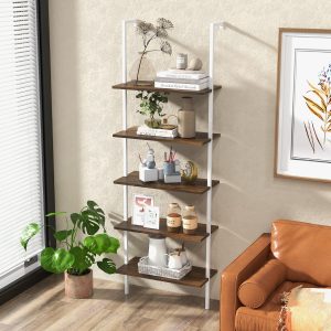 Costway Libreria espositiva a 5 livelli con struttura in metallo, Scaffale a scala multifunzionale a 5 strati Marrone