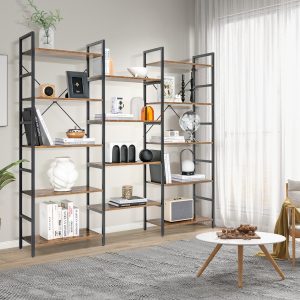 Costway Libreria scaffale con 14 ripiani struttura in metallo portata 450kg, Libreria da pavimento per casa 176x30x165cm Marrone