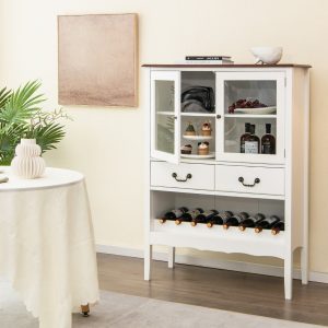 Costway Mobile contenitore indipendente con 2 porte in vetro 2 cassetti, Stazione bar ad angolo per sala da pranzo Bianco