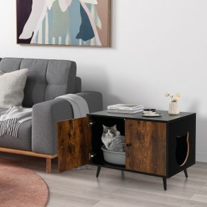 Costway Mobile lettiera per gatti con divisore e 2 ingressi a forma di testa di gatto, Mobile in legno per gatti nascosto