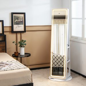 Costway Mobile portagioie con specchio a LED regolabile, Armadio organizer portagioie con mensola pieghevole per trucco Bianco