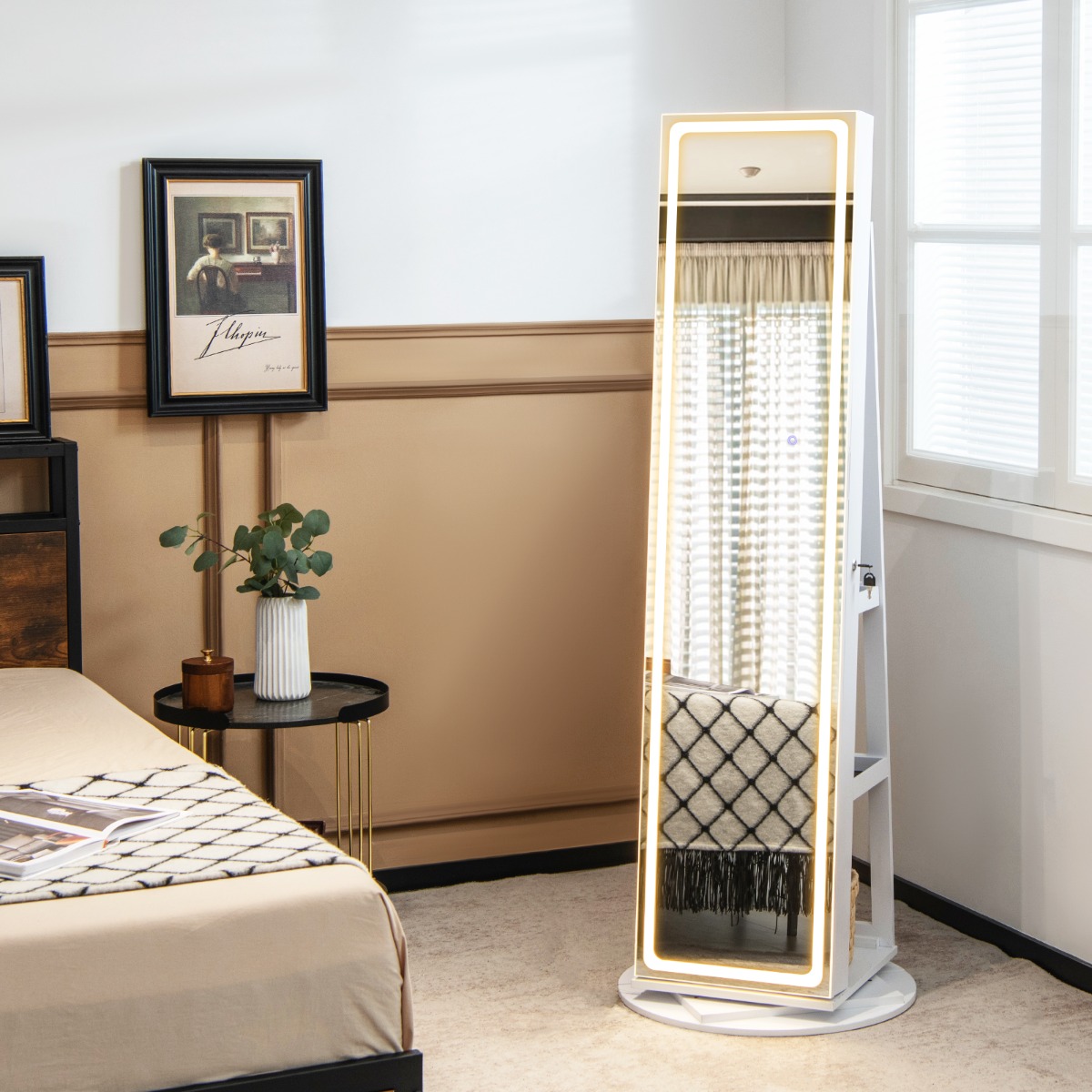 Costway Mobile portagioie con specchio a LED regolabile, Armadio organizer portagioie con mensola pieghevole per trucco Bianco