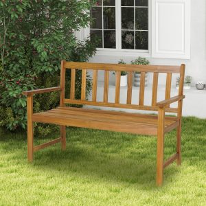 Costway Panchina da esterno a 2 posti con sedile a doghe braccioli e schienale, Panca per veranda giardino 122×56,5x86cm