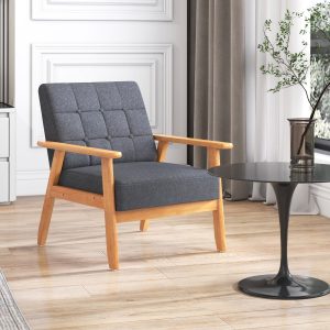 Costway Poltrona moderna con braccioli imbottita e rivestita in lino telaio in legno massiccio di gomma, Sedia accent Grigio