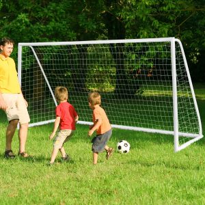Costway Porta da calcio 365x182cm con struttura in PVC rete ad alta resistenza, Porta da calcio resistente alle intemperie